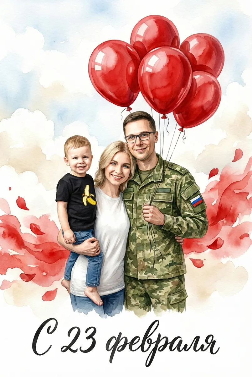 Семейная акварельная открытка к 23 февраля — пример обработки фото нейросетью