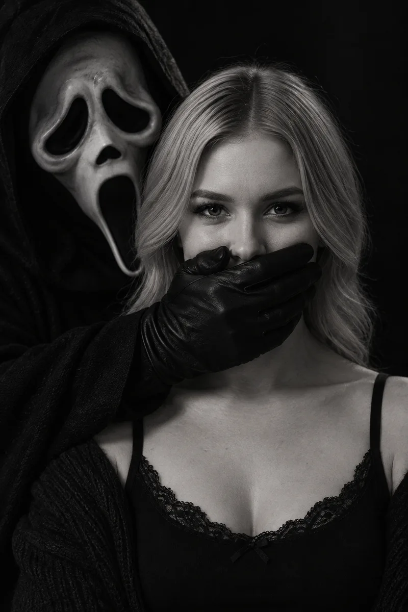 Чёрно-белый хоррор-портрет с Ghostface по вашему фото — пример обработки фото нейросетью