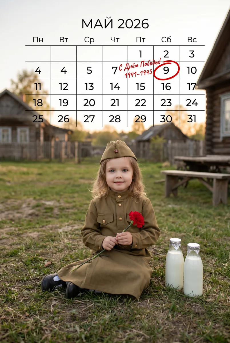 Открытка с календарём ко Дню Победы по фото — пример обработки фото нейросетью