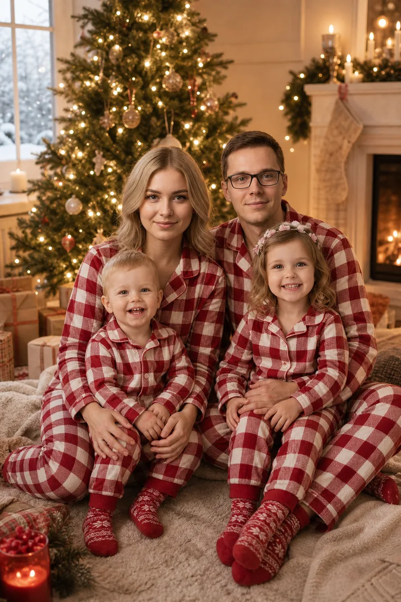 Семейный портрет в пижамах на Новый год — пример обработки фото нейросетью