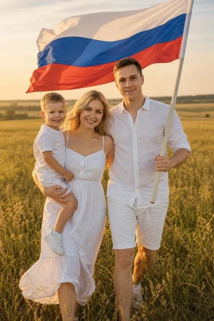 Семейный кадр с флагом на закате