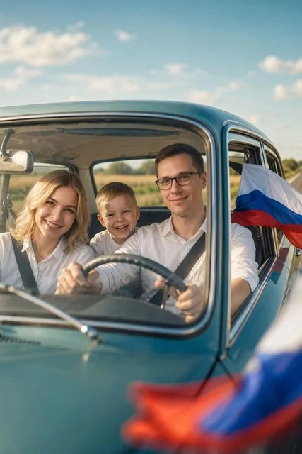 Семья в ретро автомобиле