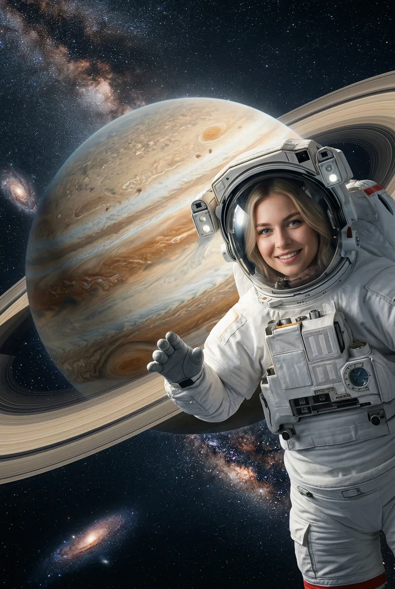 Портрет на фоне Сатурна в космосе нейросетью — пример обработки фото нейросетью