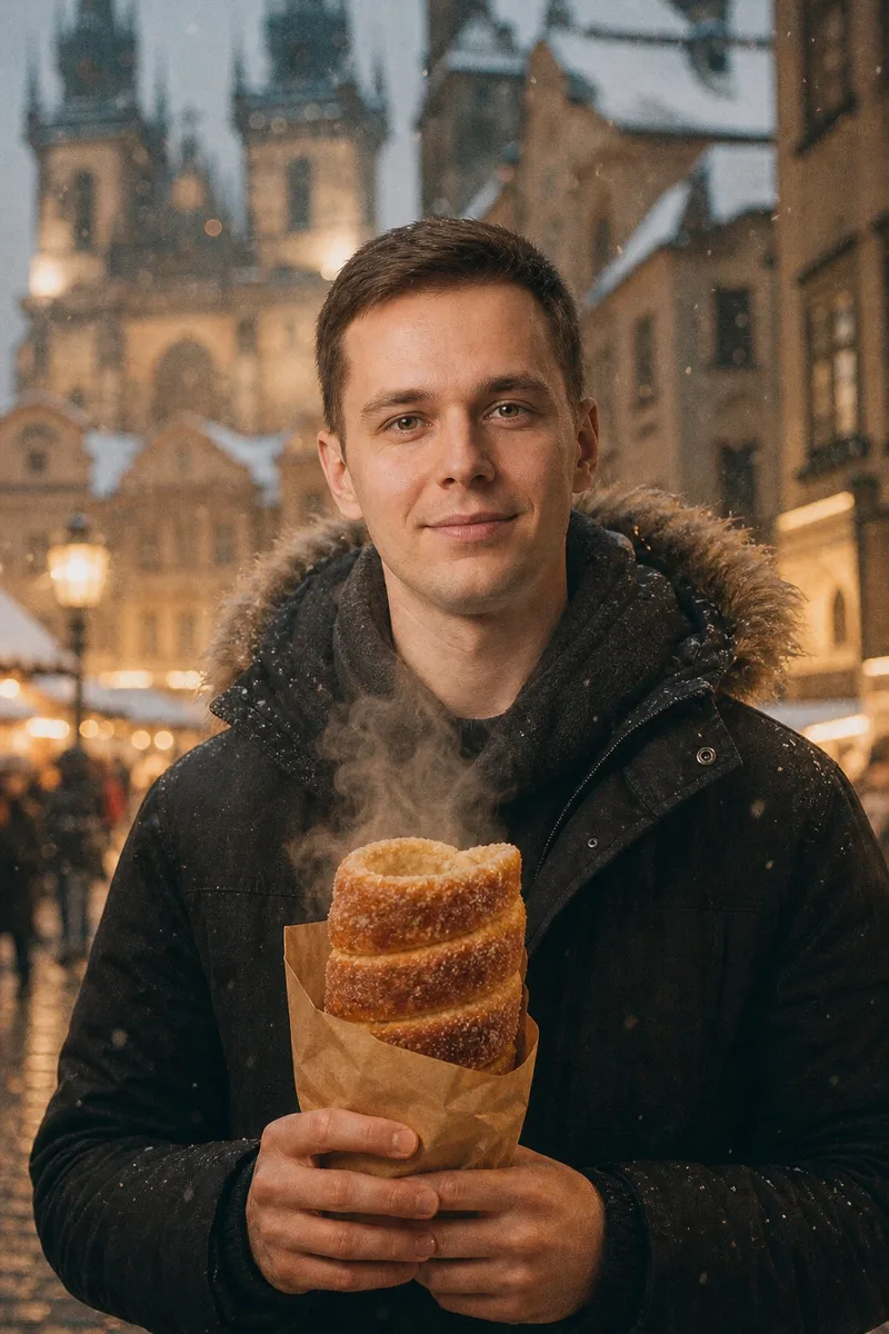 Кадр с зимней улочки Праги на Новый год — пример обработки фото нейросетью