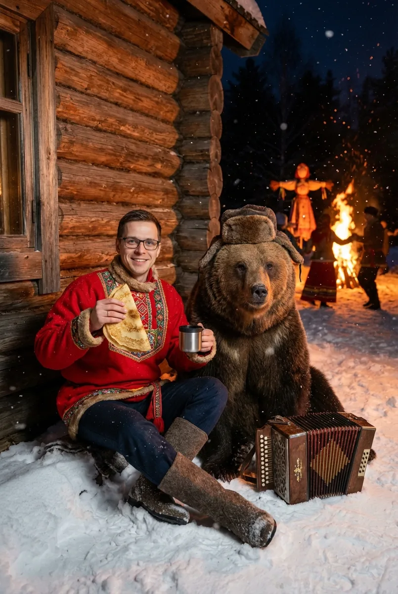 С медведем и блинами на масленице — пример обработки фото нейросетью