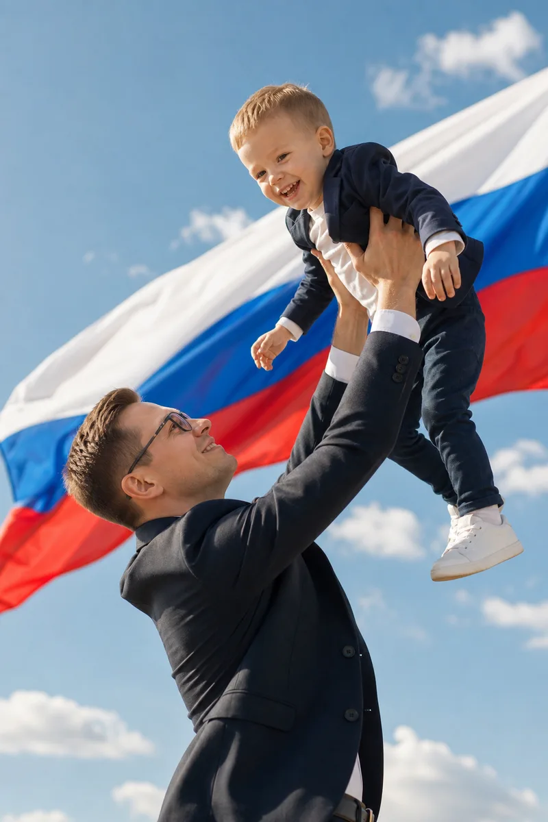 Фото отца с сыном на фоне флага России нейросетью — пример обработки фото нейросетью