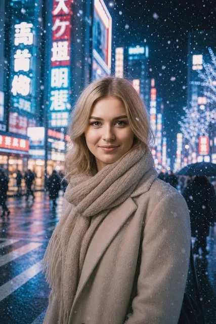 Кадр в заснеженном ночном Токио