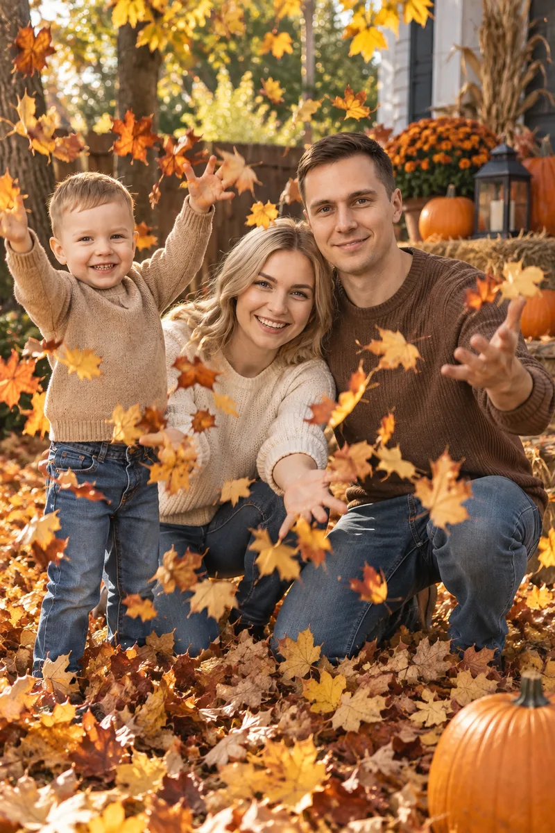 Семейная фотосессия на Хэллоуин в осенних листьях по фото — пример обработки фото нейросетью