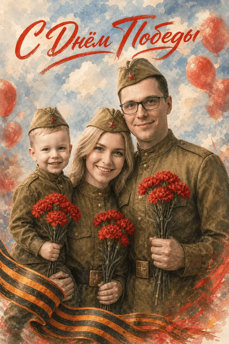 Создать ИИ-открытку на 9 мая по фото — пример обработки фото нейросетью