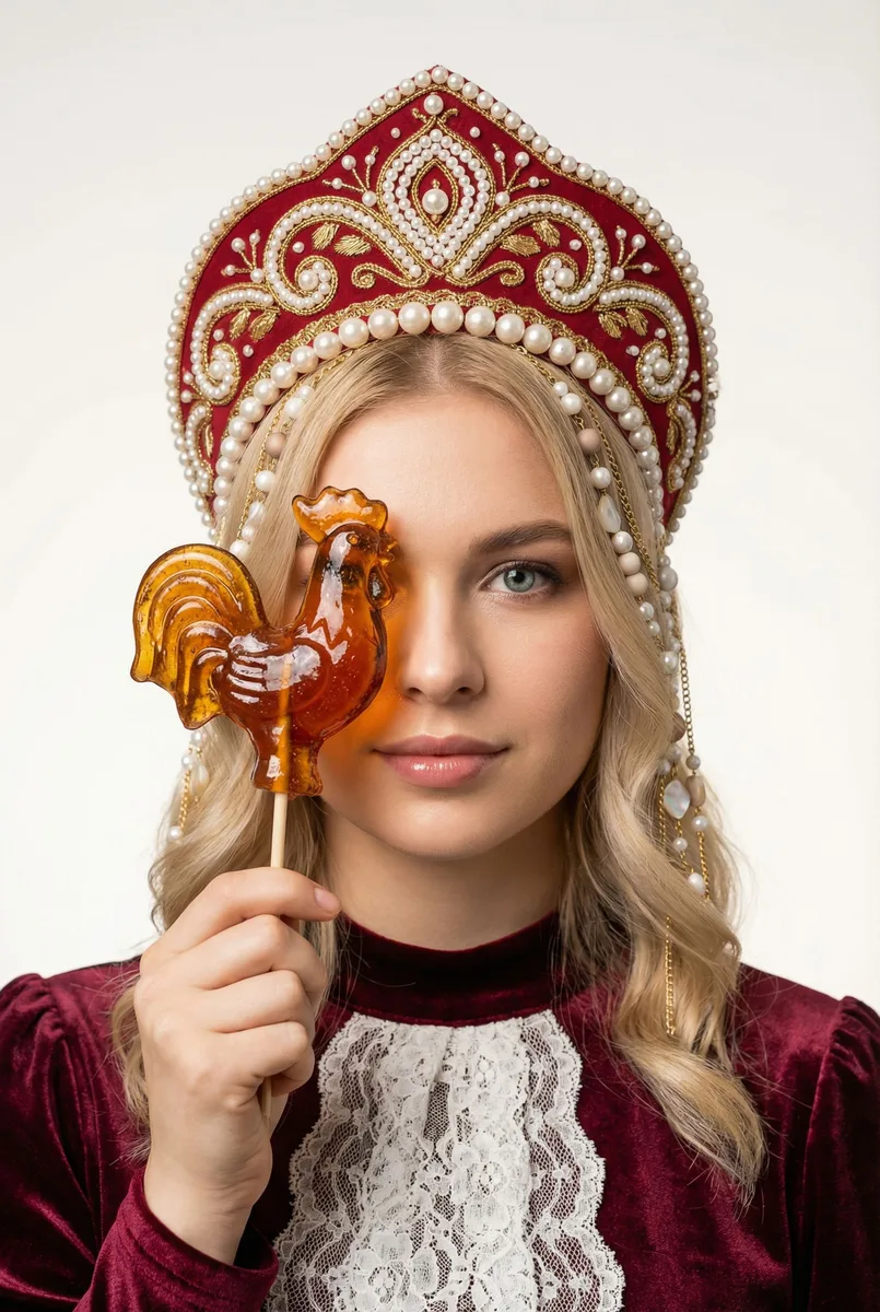 Женский портрет в русском стиле с леденцом — пример обработки фото нейросетью