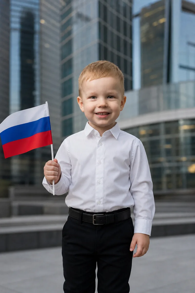 Портрет с флагом России на фоне Москвы по вашему фото — пример обработки фото нейросетью