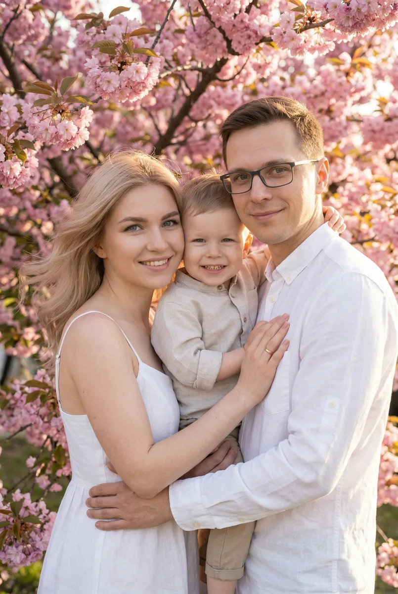 Семейный портрет на фоне цветущей сакуры по фото — пример обработки фото нейросетью