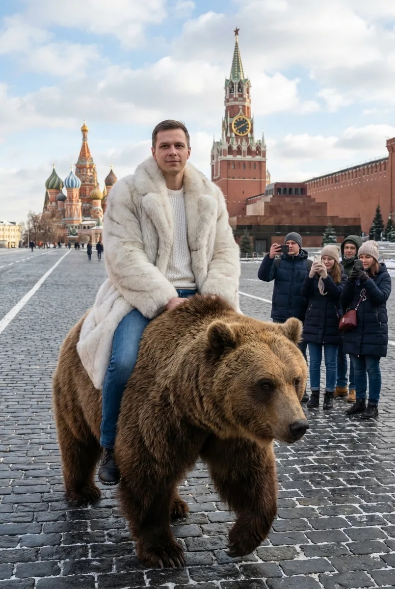 Фото на медведе на Красной площади нейросетью — пример обработки фото нейросетью