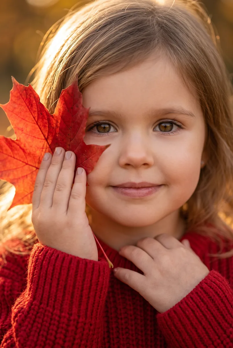 Портрет с кленовым листом у лица по вашему фото — пример обработки фото нейросетью