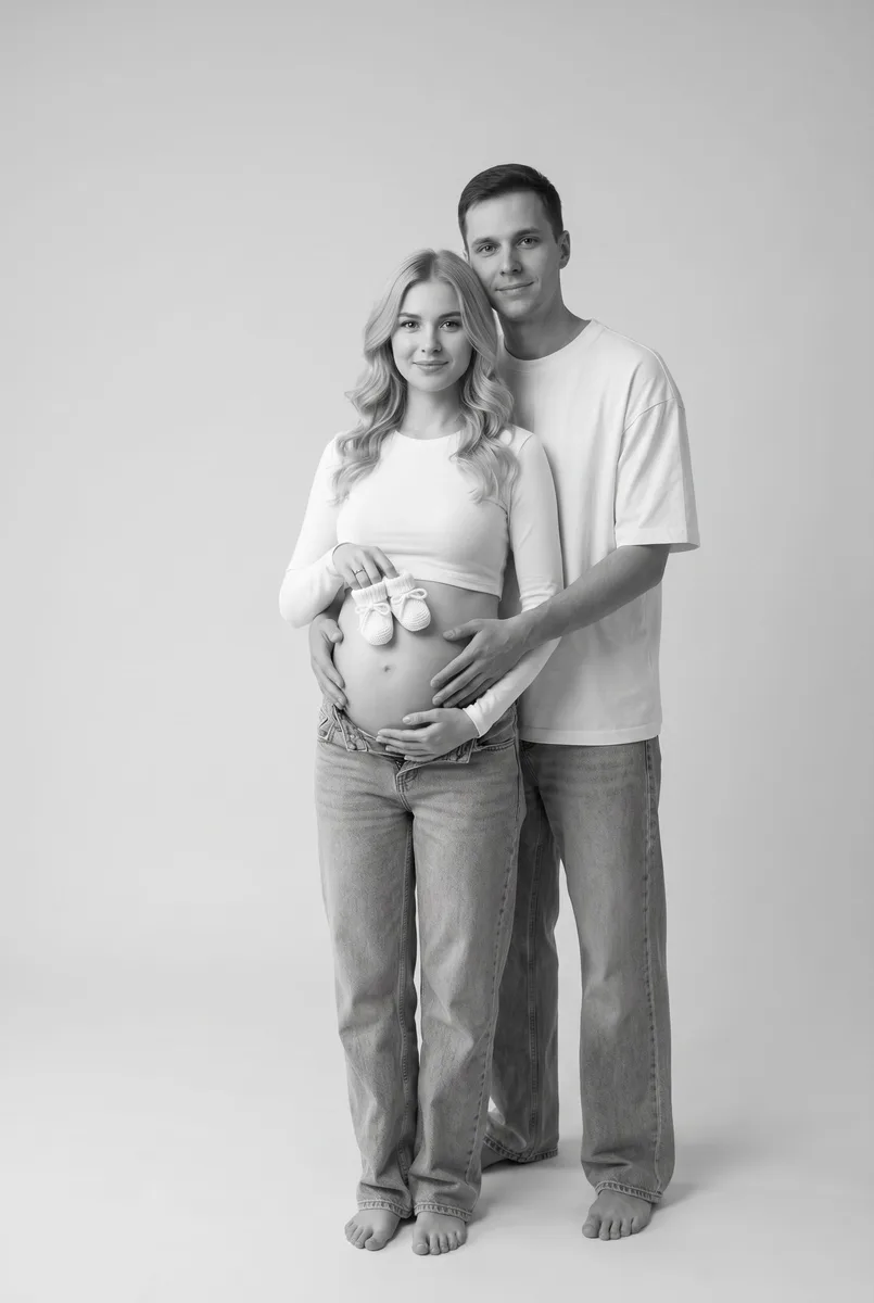 Чёрно-белый портрет для будущих родителей по фото — пример обработки фото нейросетью