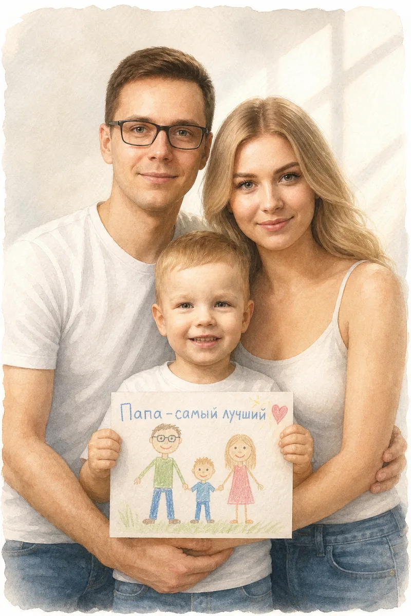 Семейный портрет с детским рисунком по вашему фото — пример обработки фото нейросетью