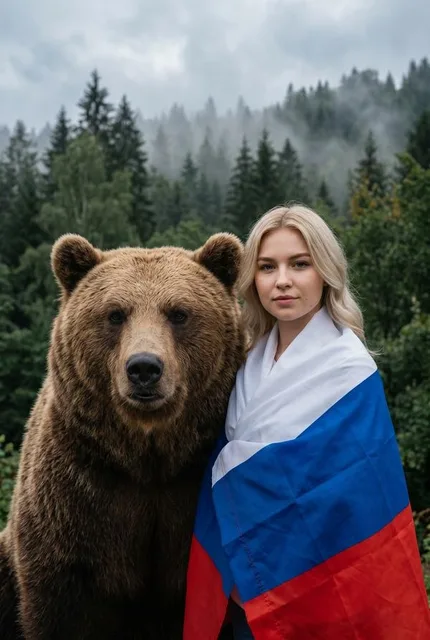 Портрет с бурым медведем и флагом России