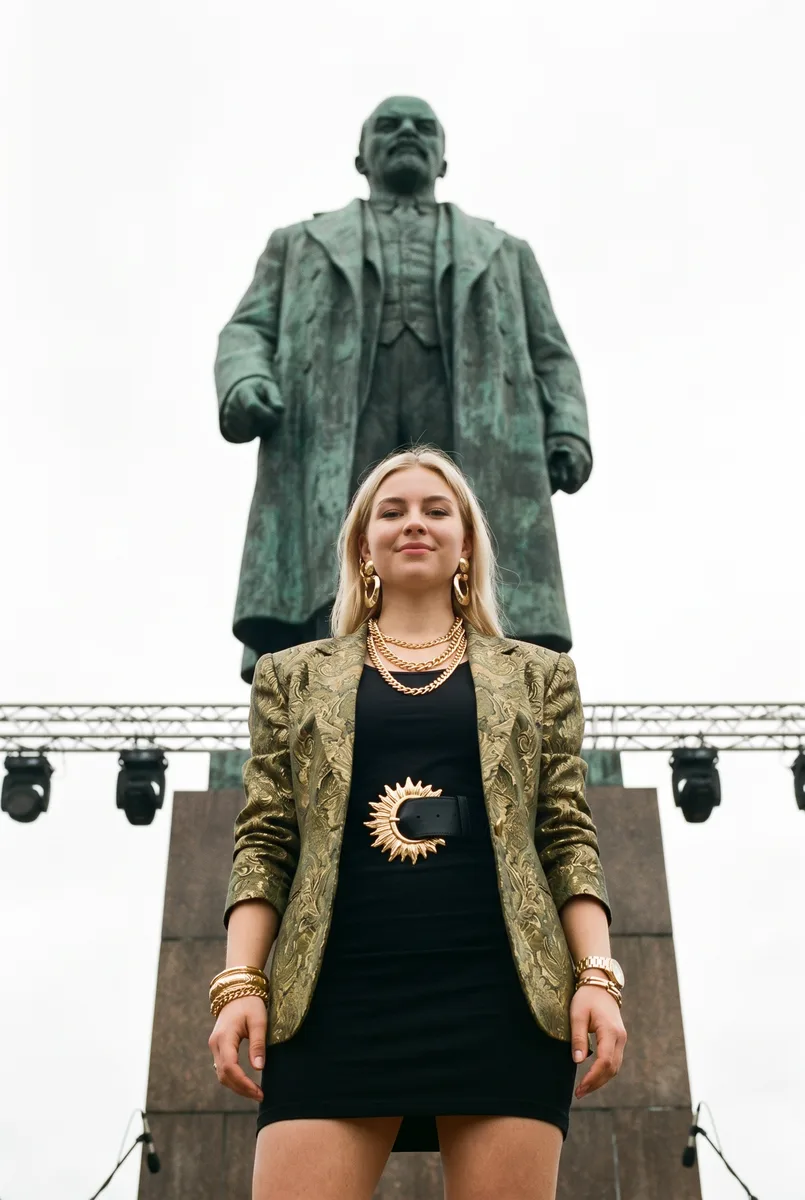 Фото на фоне памятника Ленину в стиле 80-х нейросетью — пример обработки фото нейросетью