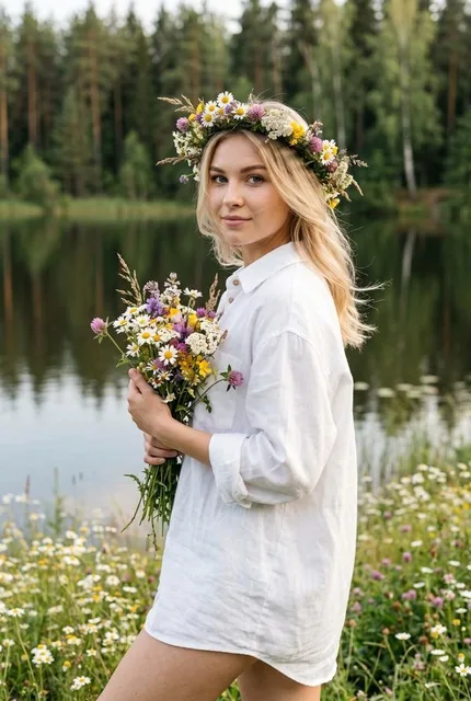 На фоне летнего озера с венком