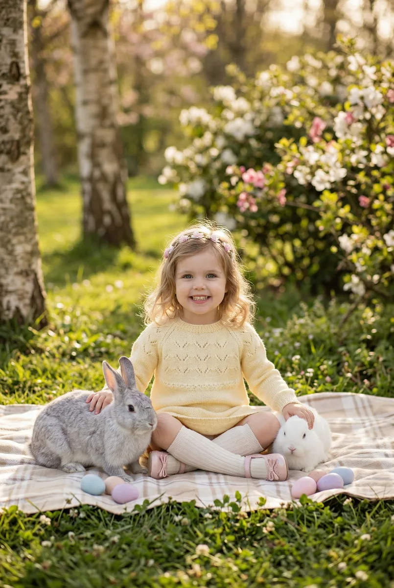 Пасхальная фотосессия в весеннем парке по фото — пример обработки фото нейросетью