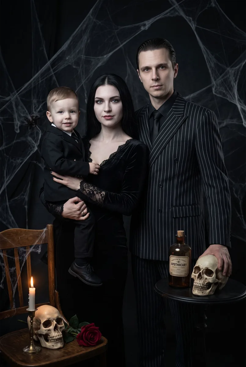 Семейная фотосессия в образе Addams Family по вашему фото — пример обработки фото нейросетью