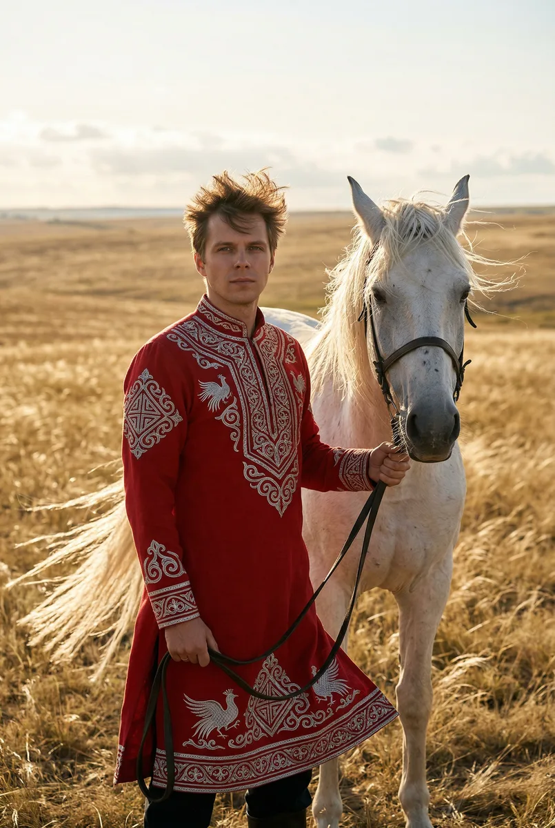 Портрет в национальном костюме с лошадью по фото — пример обработки фото нейросетью