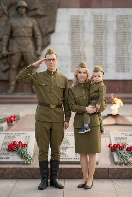 Семейный кадр на фоне военного мемориала с барельефом