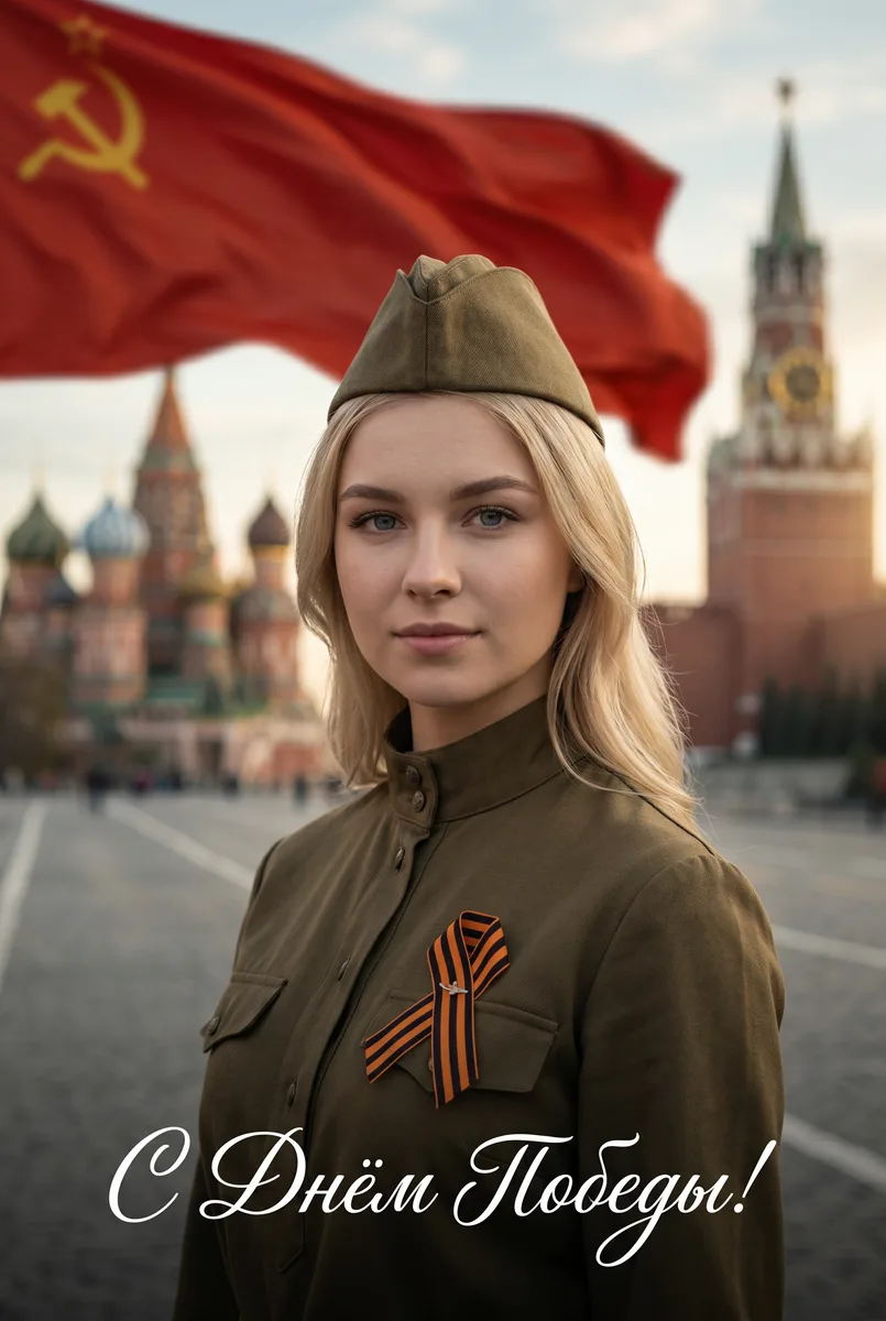 Портрет ко Дню Победы на фоне площади с флагом по фото — пример обработки фото нейросетью