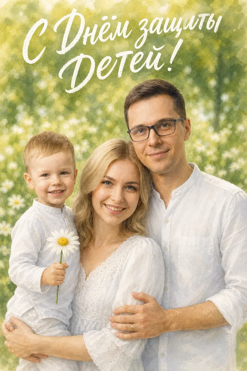 Создать ИИ-открытку на День защиты детей по фото — пример обработки фото нейросетью