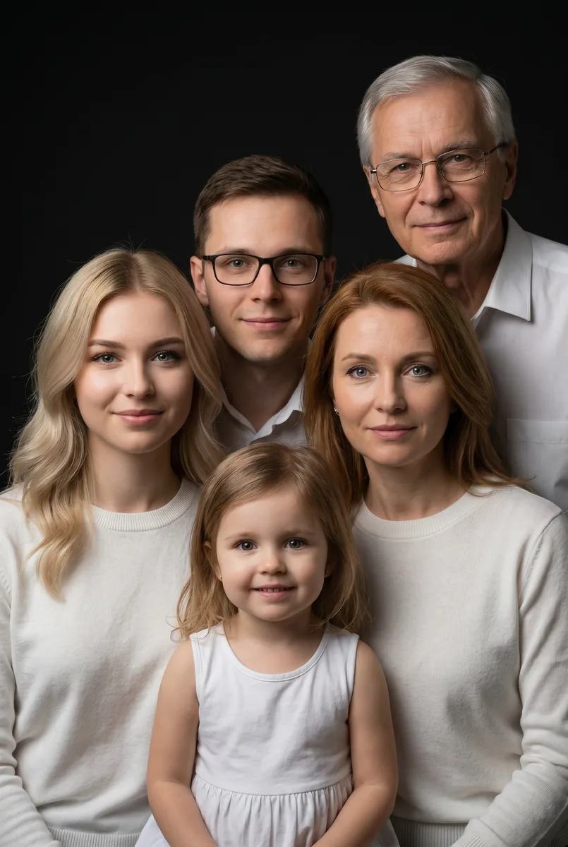 Семейный портрет поколений в студии по фото — пример обработки фото нейросетью