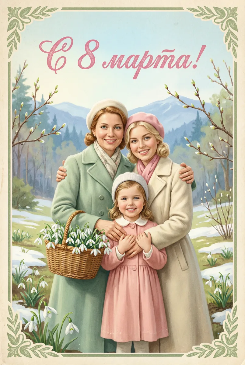 Открытка семейная с 8 марта — пример обработки фото нейросетью