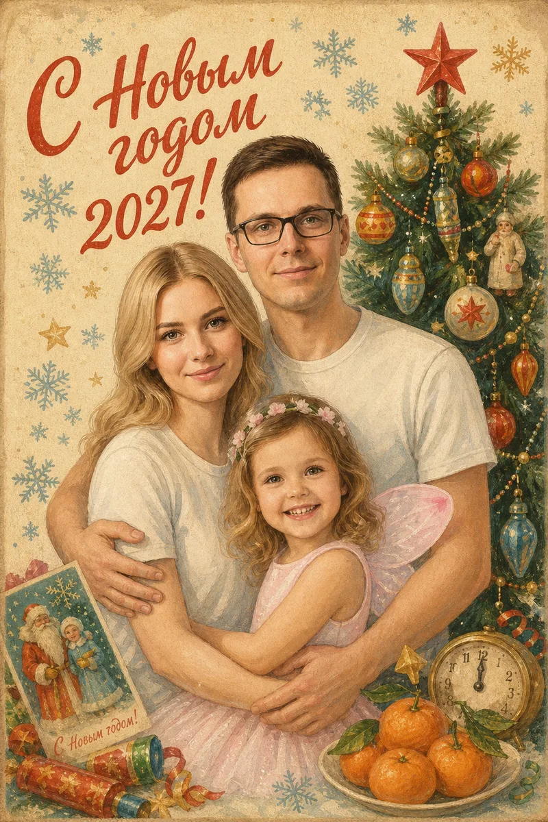 Праздничная открытка на Новый год 2027 из фото — пример обработки фото нейросетью