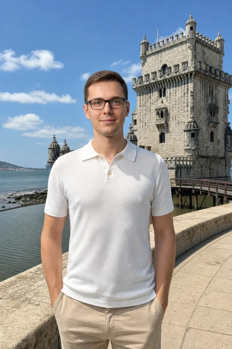 Портрет на фоне башни Белен в Лиссабоне по вашему фото — пример обработки фото нейросетью