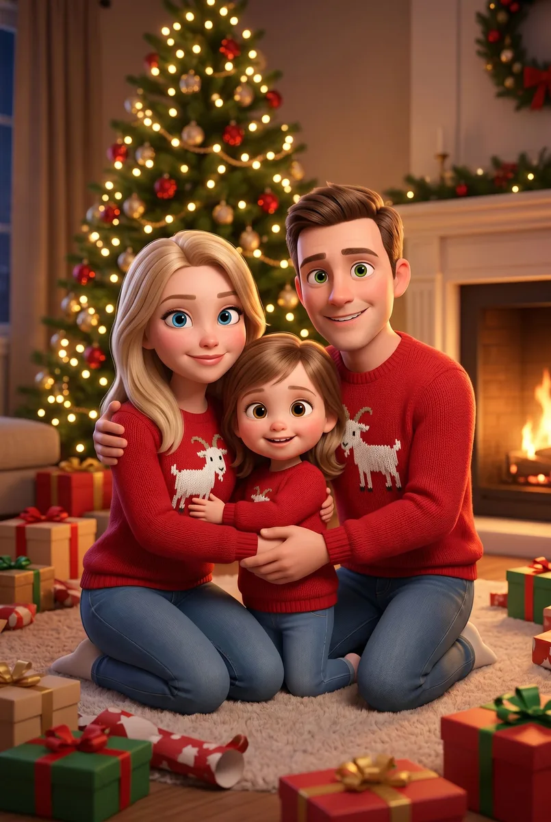Семья в стиле новогоднего мультфильма Pixar — пример обработки фото нейросетью