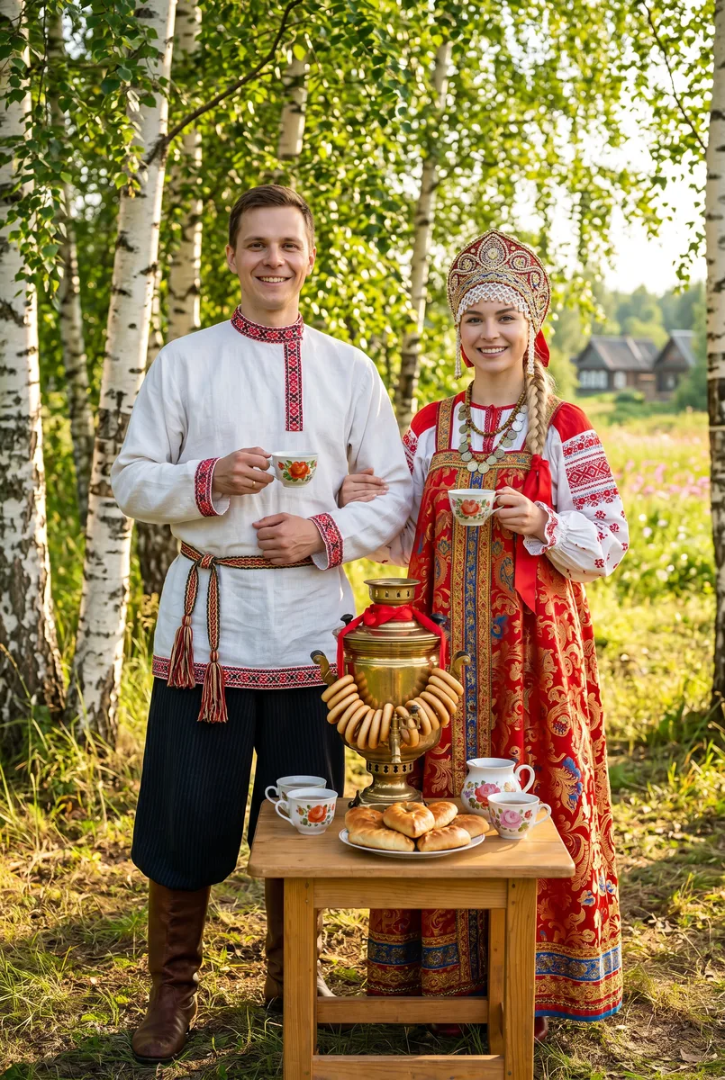 Русский народный портрет пары — пример обработки фото нейросетью