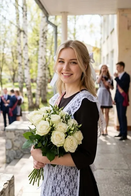 Выпускница с розами на крыльце