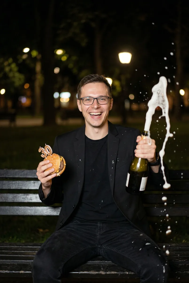 Ночной портрет с бургером и шампанским по фото — пример обработки фото нейросетью