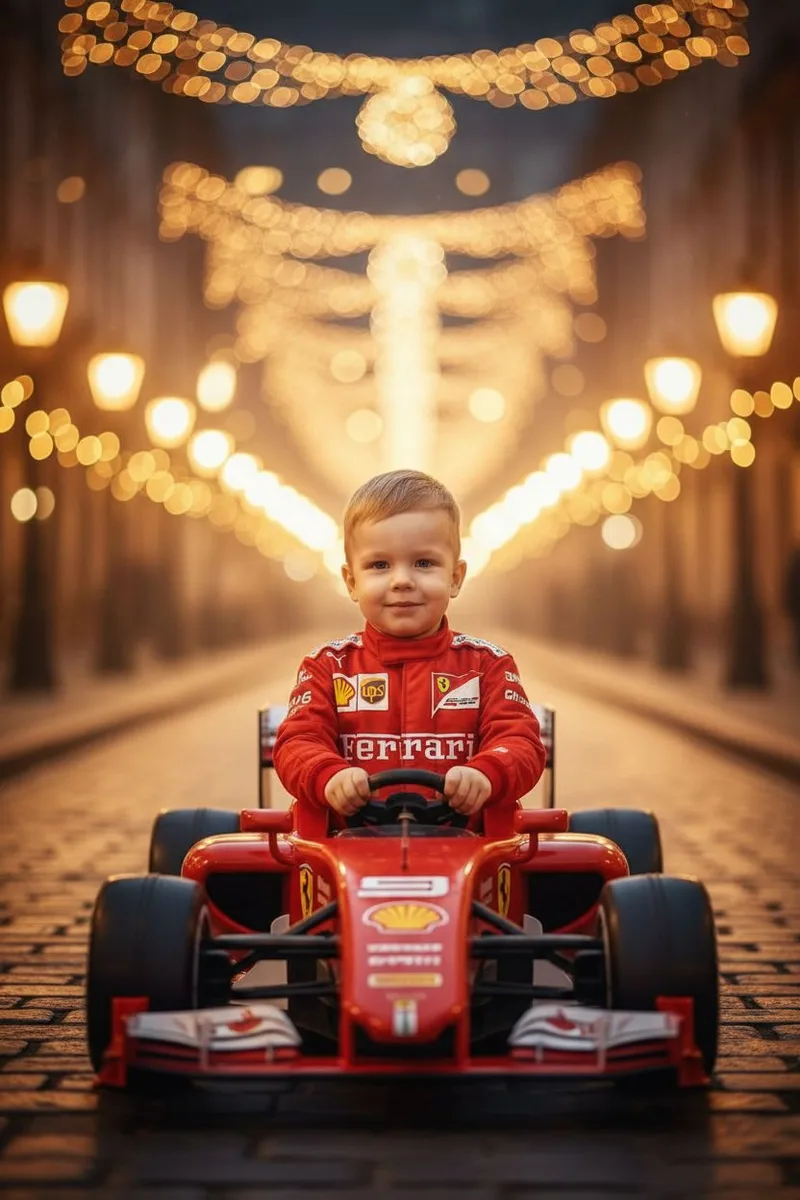 Портрет ребенка в образе гонщика F1 — пример обработки фото нейросетью