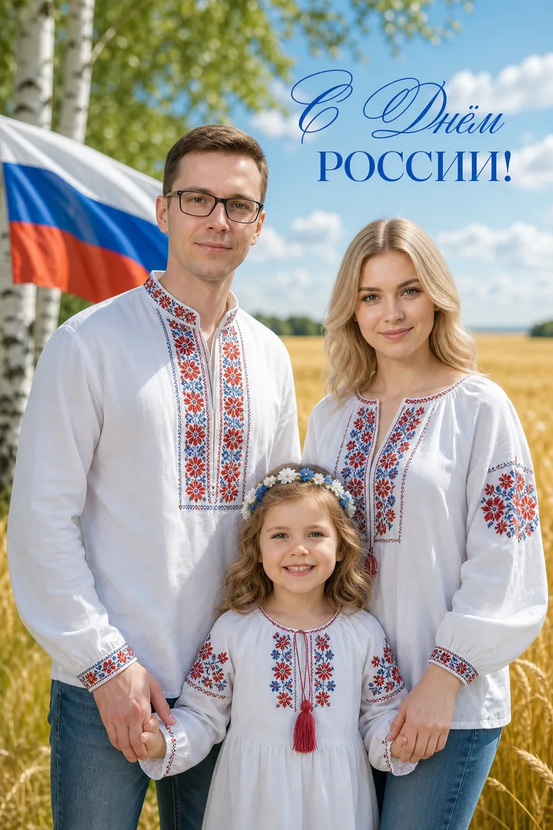 Создать ИИ-открытку по семейной фотографии на День России — пример обработки фото нейросетью