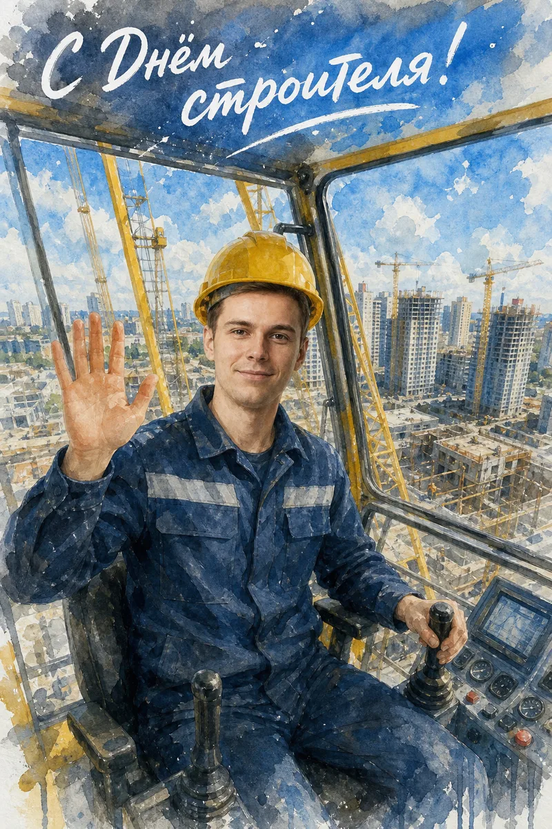 Акварельная открытка ко Дню строителя по вашему фото — пример обработки фото нейросетью