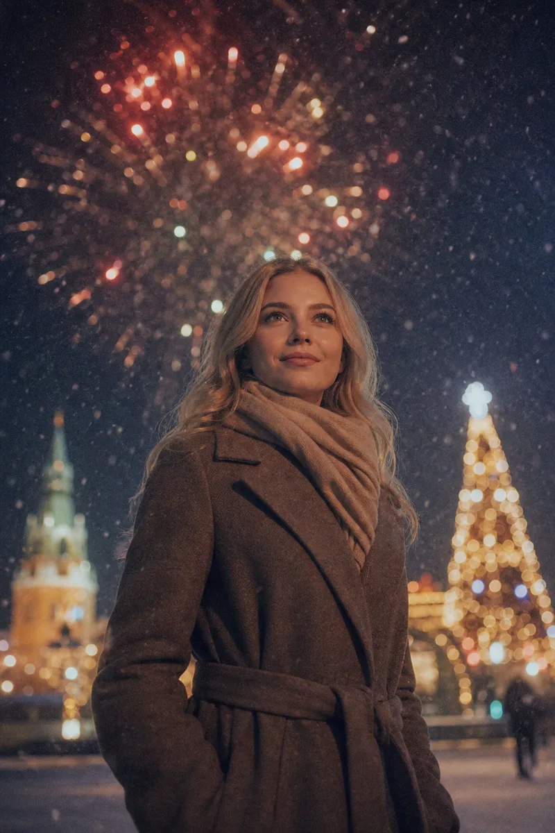 Кадр с салютом в новогоднюю ночь — пример обработки фото нейросетью