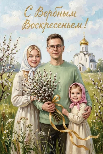 Семейная открытка "С Вербным воскресеньем"