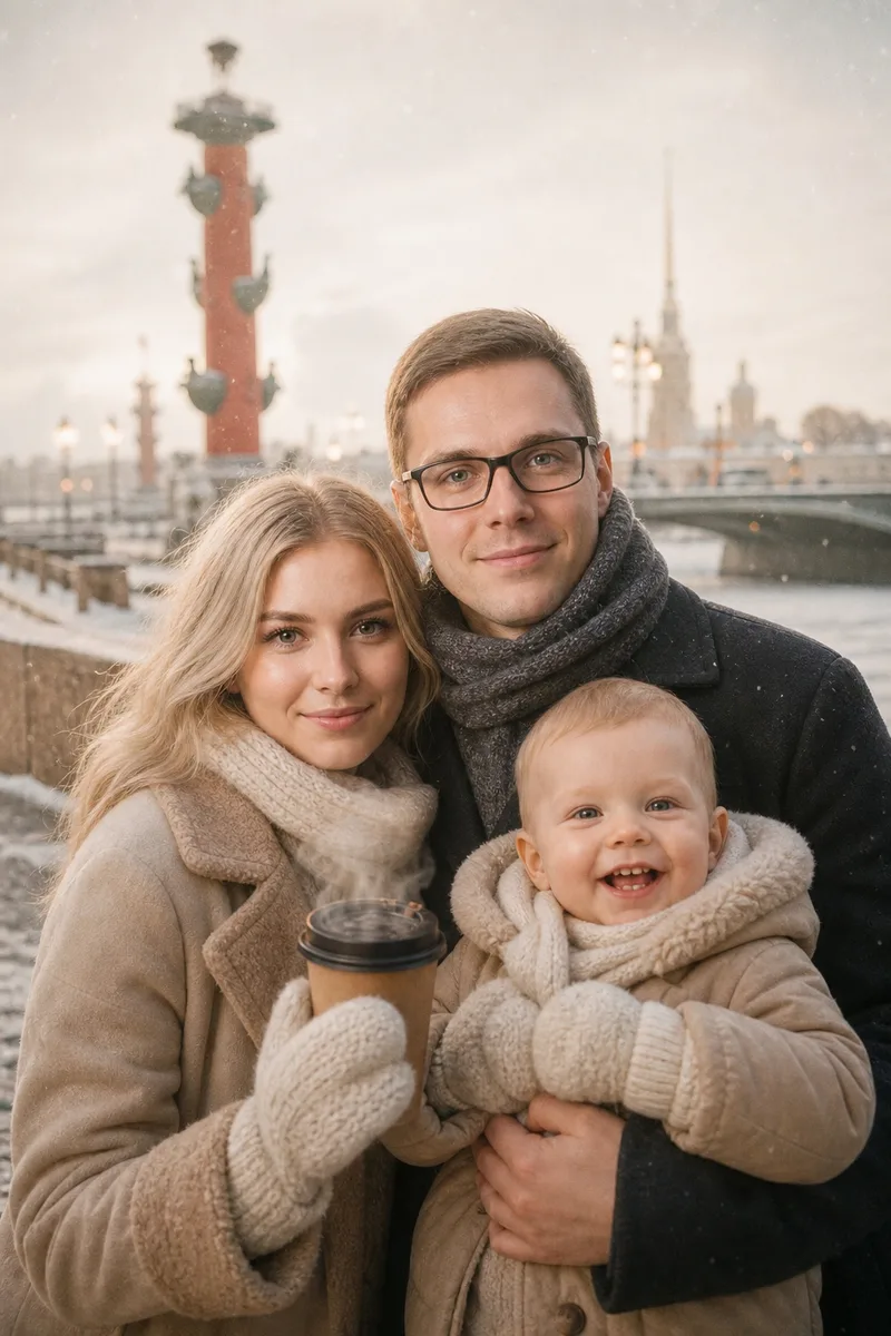 Зимний кадр на фоне Дворцового моста на Новый год — пример обработки фото нейросетью
