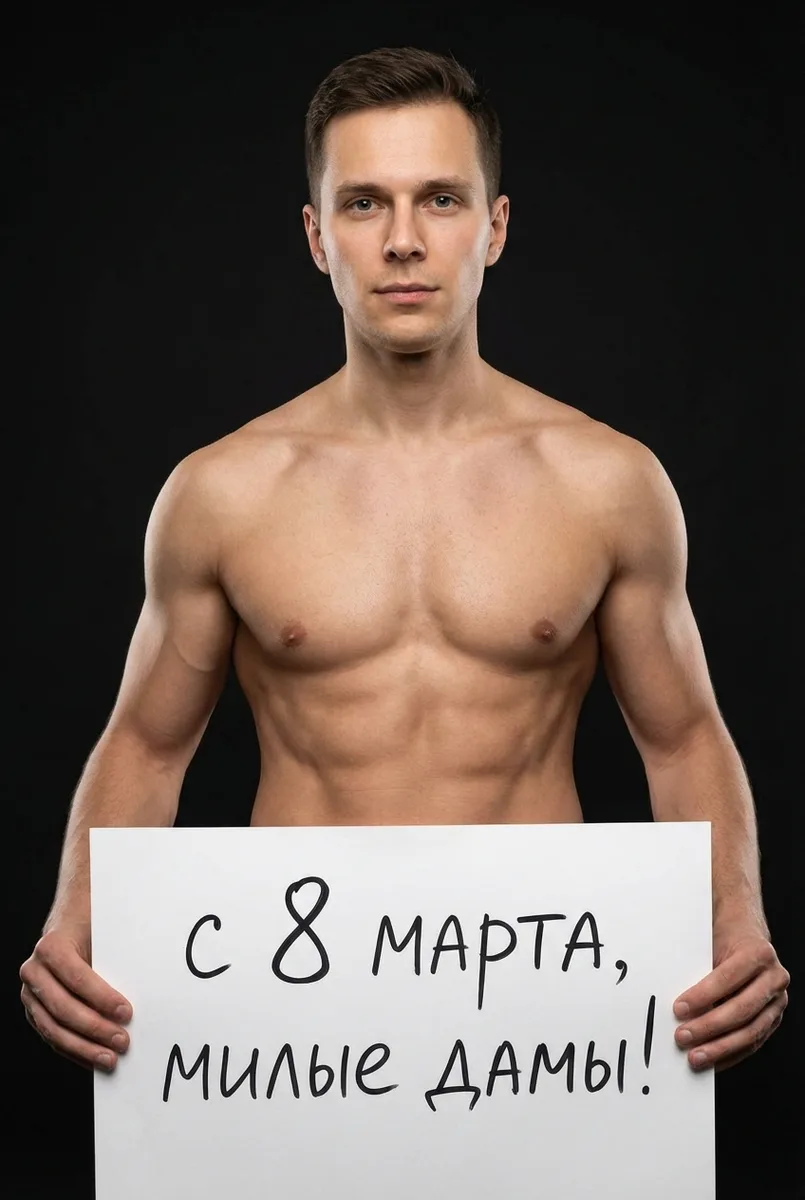 Поздравление от мужчины с 8 марта — пример обработки фото нейросетью