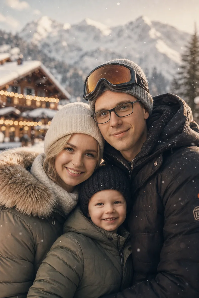 Курортный новогодний après-ski шик — пример обработки фото нейросетью